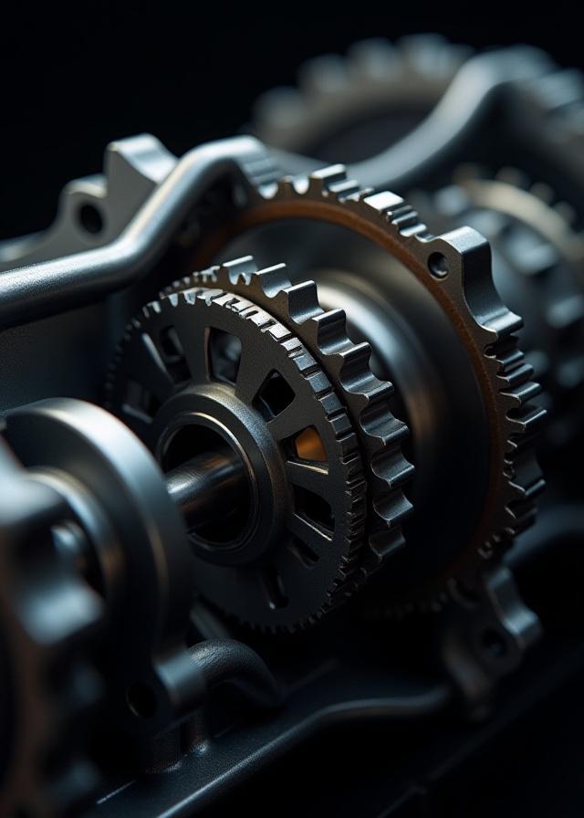 Detailed view of complex transmission internal gear assembly