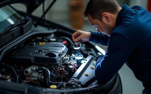 Mechanic inspecting under the hood of a car